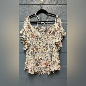 Skylar + Madison Beige Floral Cold-Shoulder Blouse with Ruffles